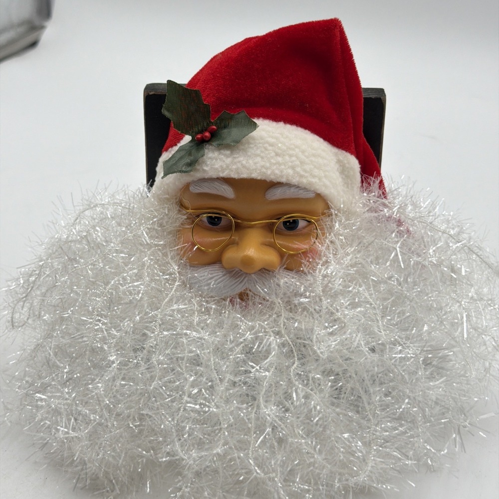 Blow Mold Santa Head Tinsel Bearded Gold Rim Glasses Hanging Christmas Ornament